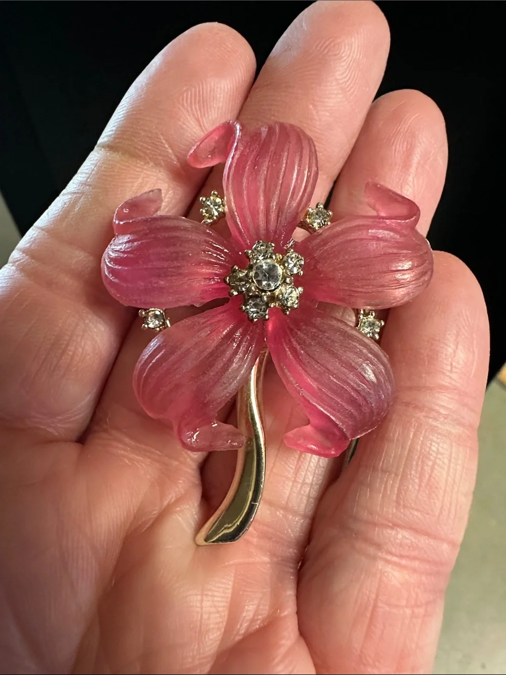 Elegant Vintage Molded Pink Lucite Floral Crystal Brooch